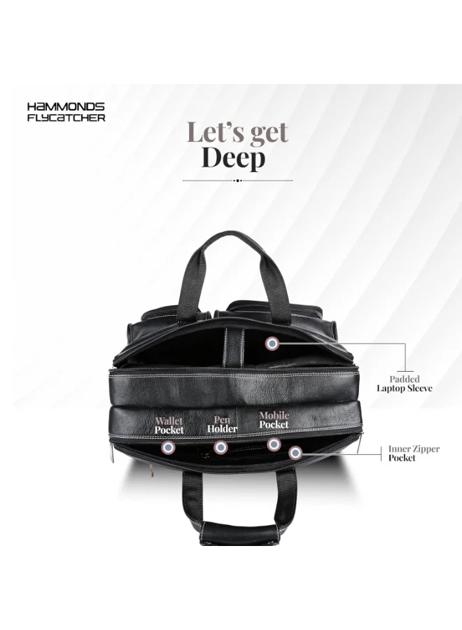 Hammonds Flycatcher  Genuine Leather Office Bag for Men, Premium 15.6 Inch Laptop Bag for Men, Multi Compartments & Adjustable Strap, Ideal for Office, Travel, Daily Use-LB136 BLK  | Best Price UAE